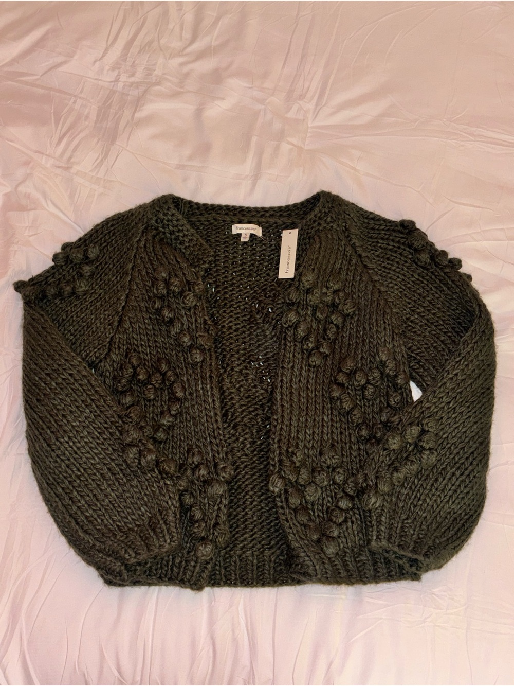Francesca's Collections Olive Green Pom-Pom Chunky Cardigan
